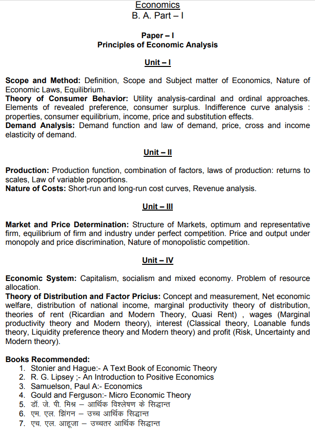 BA First Year Economics Syllabus in Hindi