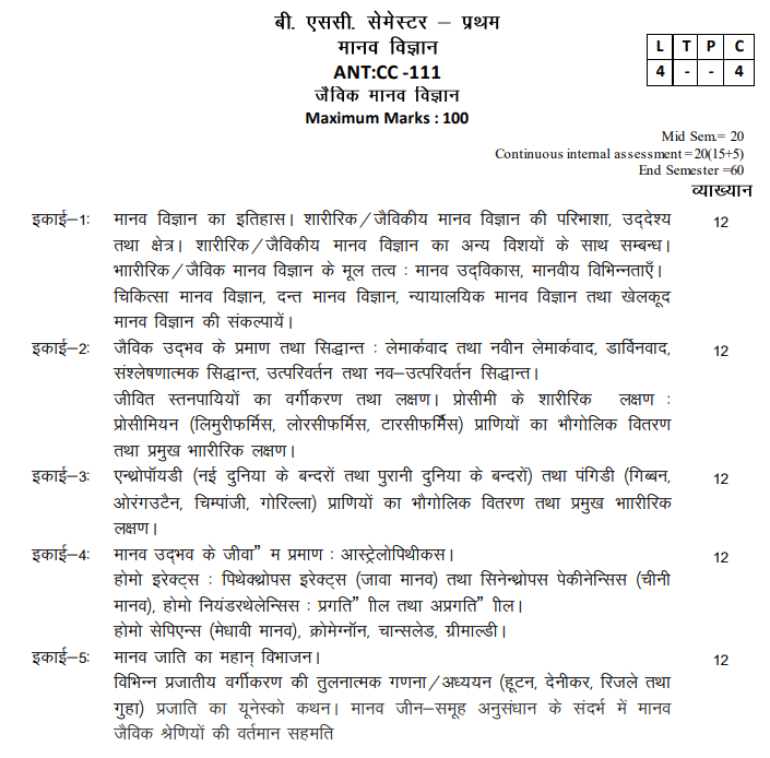 BA 1st Year Anthropology Syllabus in Hindi PDF