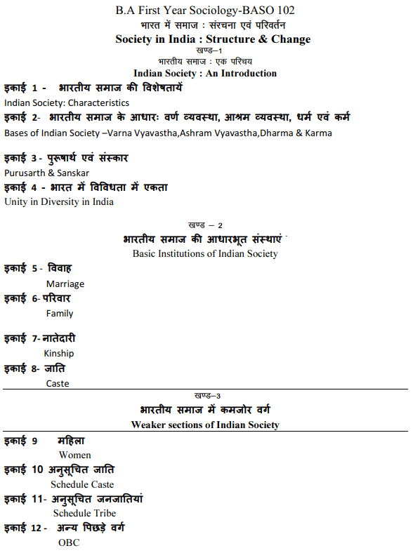 BA 1st Year Sociology Syllabus in Hindi