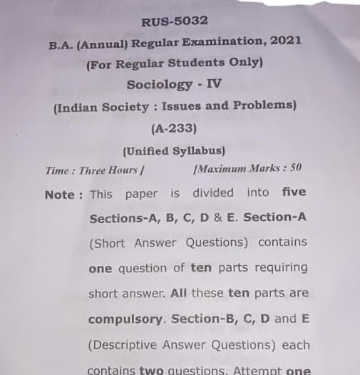 CCSU BA 2nd Year Sociology Question Papers